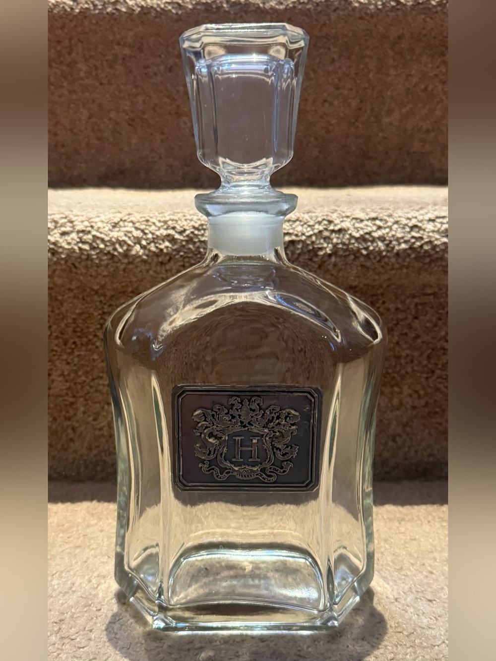 Royal Crest Whiskey Decanter Pewter Monogram H Glass Bottle Stopper 10.5”